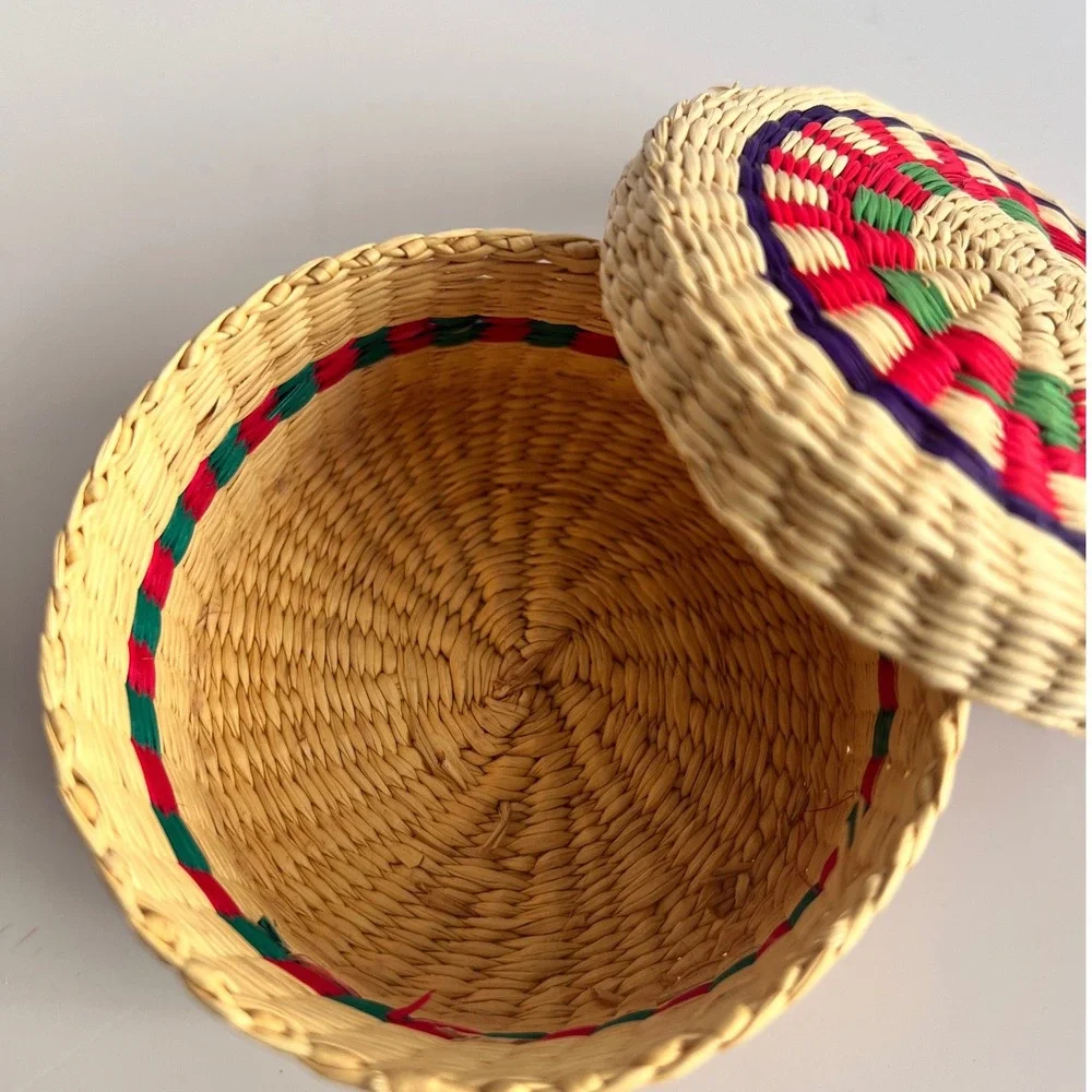 Vintage Handwoven Straw Trinket Basket with Lid Red Green Purple Boho Decor